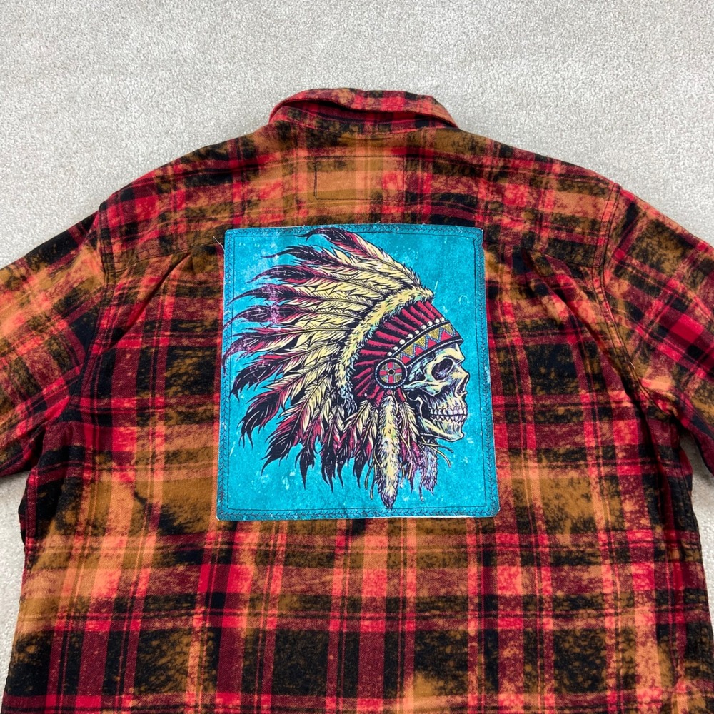 Angry Minnow Vintage Flannel Shirt Mens L Red Plaid Bleached Skull Patch